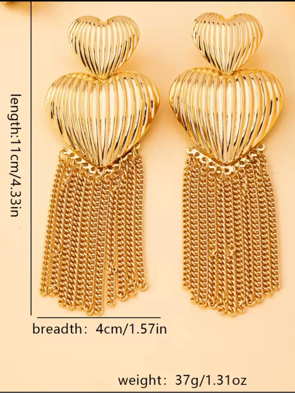 Gold Heart Tassel Drop Earrings